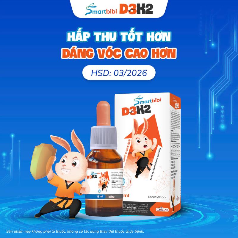 TPBVSK Smartbibi D3K2 - Bổ sung D3 K2 cho bé, Công Nghệ Emuldrop Hỗ Trợ Cho Bé Hấp Thu Tốt Hơn Vóc Dáng Cao Hơn Chai 15ml