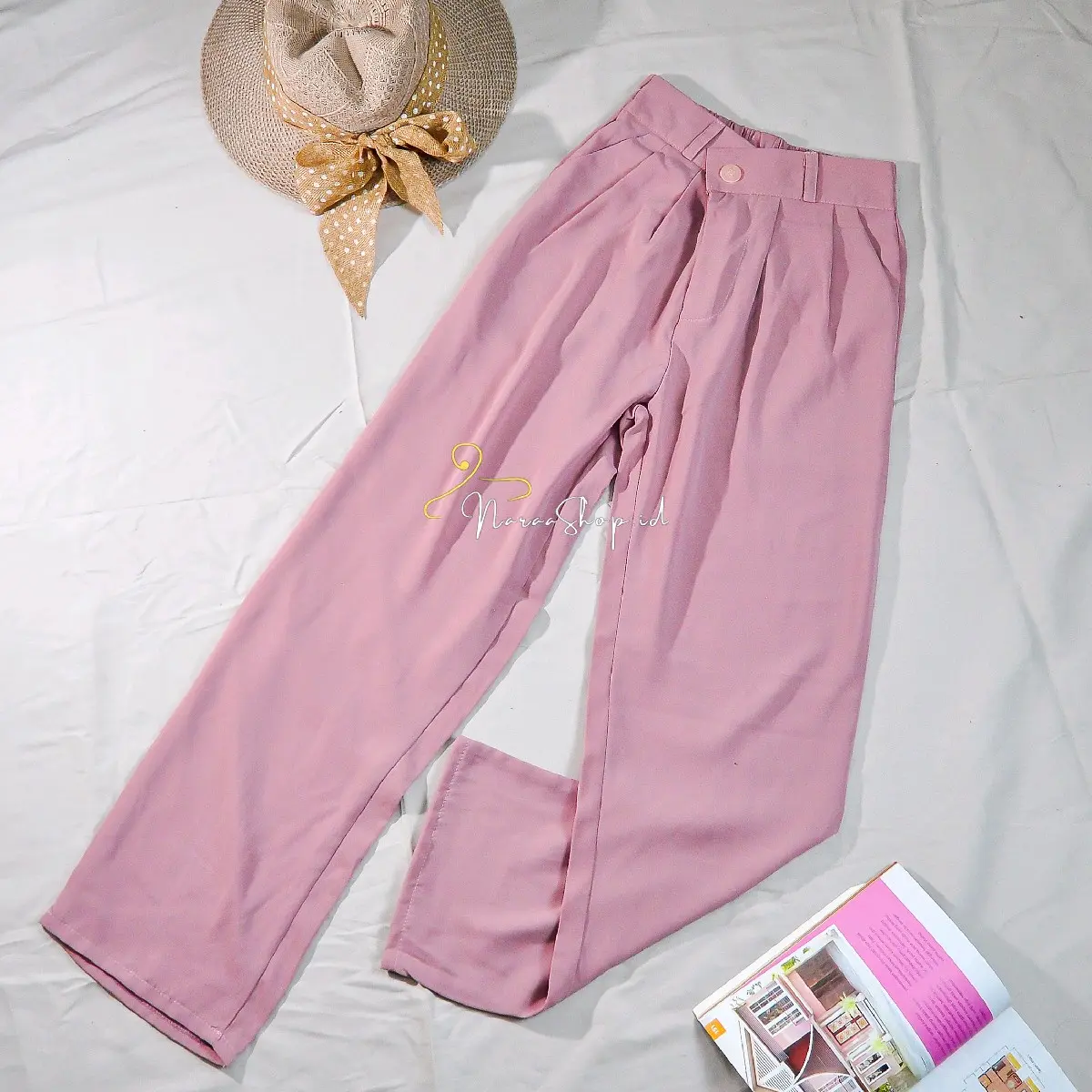 Celana Loose Pants Highwaist Wanita Casual Korean Style Formal Panjang Bawahan Kancing Karet Basic Polyester anti kusut