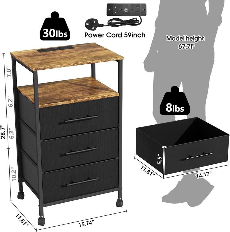 Bedside Table with Charging Station, Nightstand with 2 Outlets and 2 USB Ports,Sofa Table with 4 Castors Metal Frame and Fabric Drawers, for Bedroom Living Room (3 Drawers, Black) 1