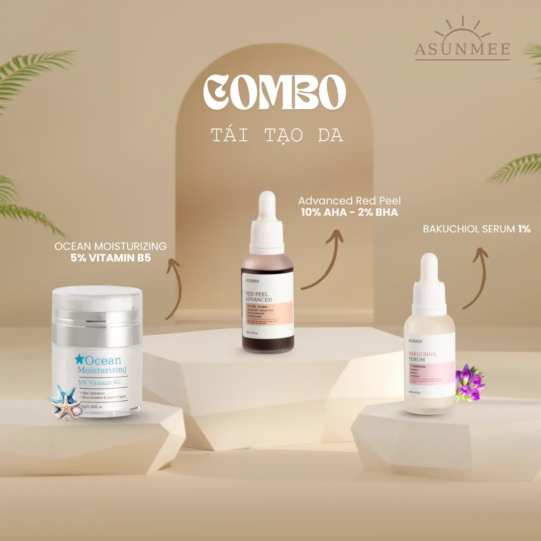 Combo Tái Tạo Da ASUNMEE [Advanced Red Peel +BAKUCHIOL SERUM+OCEAN MOISTURIZING] căng bóng trẻ hóa