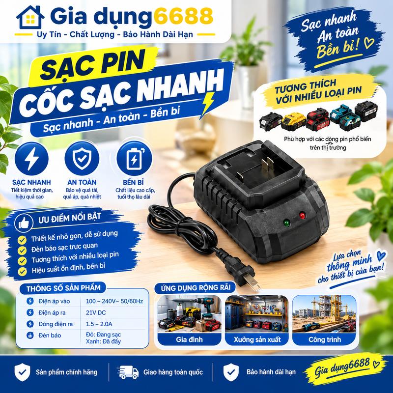 CỐC SẠC NHANH 21V - BỀN NHANH AN TOÀN - ĐẾ SẠC NHANH CHO PIN 10 20 30 Cell - CHÂN PIN PHỔ THÔNG 4CM