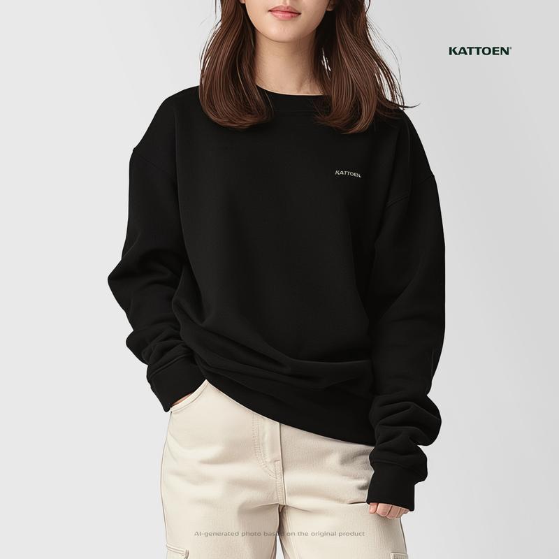 Kattoen - Crewneck Solid Black Sweater Oversized Fleece Basic 0