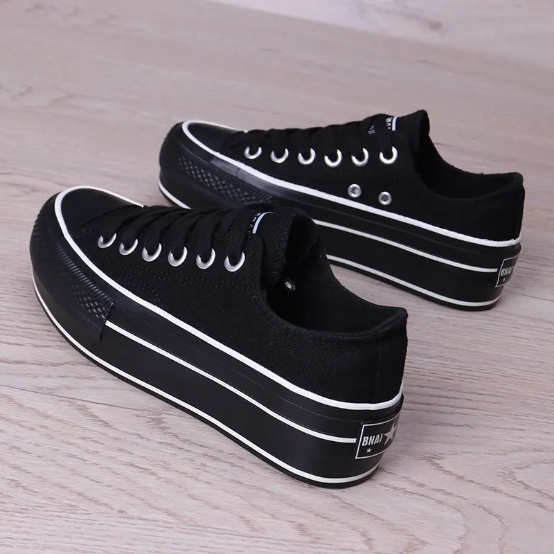 Women's Low-Top Canvas Shoes Black Student Shoes Korean Style Casual All-Match Platform 4cm Platform Shoes Pure Black Work Shoes