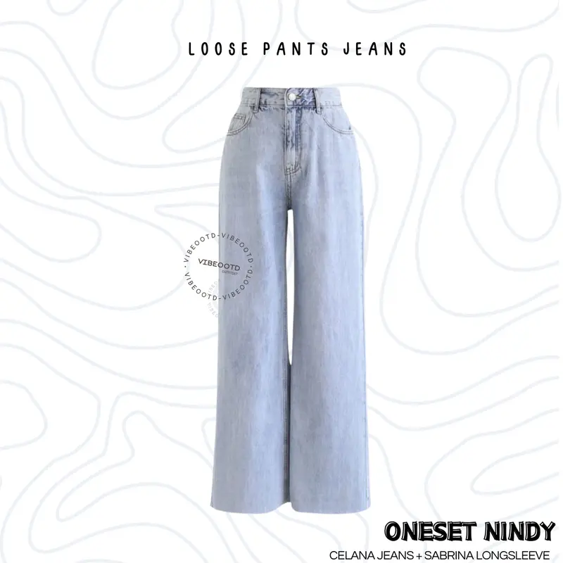 Nindy Outfit Set Wanita  ( Celana Loose Pants Denim + Atasan Sabrina Longsleeve Premium Basic ) Setelan Santai Cantik  | Ootd Hangout Simple |  One Set Nyaman Casual Fit Panjang Lembut 4
