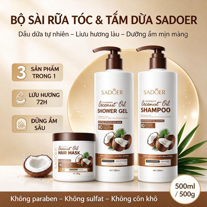 Bộ combo SADOER dầu gội và sữa tắm dầu dừa | Hương thơm nước hoa quyến rũ, nuôi dưỡng làn da mềm mại, giúp tóc mềm mượt