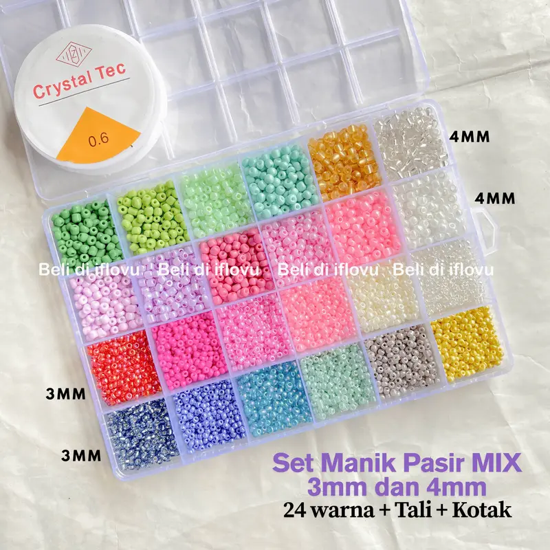 Manik Manik Pasir 1 Box Lengkap + Senar elastis | Mix Ukuran 3mm dan 4mm  DIY Gelang Manik Manik Set 0