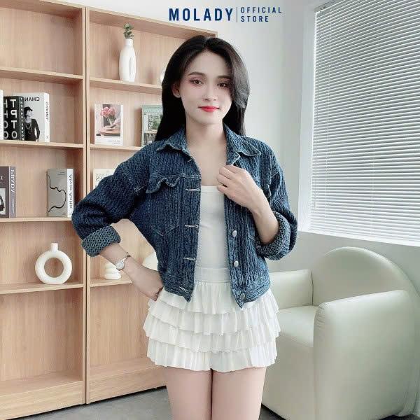 Áo Khoác Jeans Nữ MOLADY K302 Cổ Bẻ Chất Jean Thêu Tổ Ong Thời Trang Top Jacket Cotton