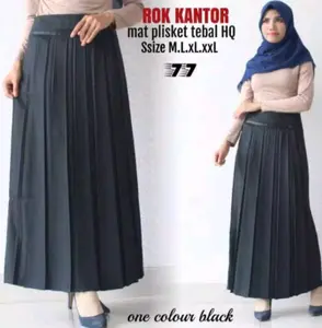 ROK KERJA TERLARIS PLISKET/ SIZE M L XL XXL Panjang Wanita Maxi Bawahan Rempel Dewasa Muslim Hitam