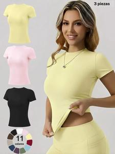 Pack de 3 camisetas de mujer de manga corta para entrenamiento: camiseta de yoga entallada y elástica, transpirable y de secado rápido, ideal para gimnasio, entrenamiento de carrera y uso casual diario