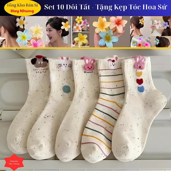 [Tặng Kẹp Tóc Hoa Sứ ] Sét 10 Đôi Tất Vớ Cao Cổ Hoạ Tiết Thỏ Cún Trái Tim Dành Cho Nữ Chất Liệu Cotton Êm Chân Thoáng Khí Thỏ Tim Dài Cute Mix Mẫu Siêu Dễ Thương