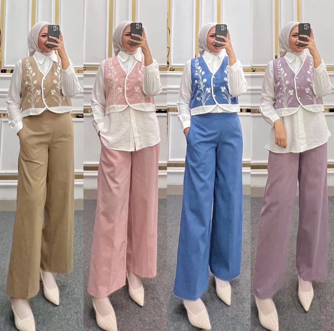 One Set Ld 100 105 110 120 Setelan Wanita Celana Dan Atasan Hania Set Bahan Crincle Air Flow Mix Bordir Ukuran M L XL XXL Setalan Busu Frendly