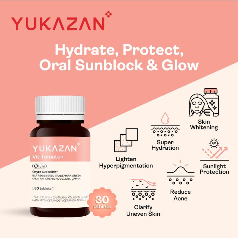 Yukazan Vit Tomato+ Brightening Supplement 4's - Collagen, White Tomato, Oryza Ceramide Chewable Tablet - Oral Sunblock (30 tablets) 3