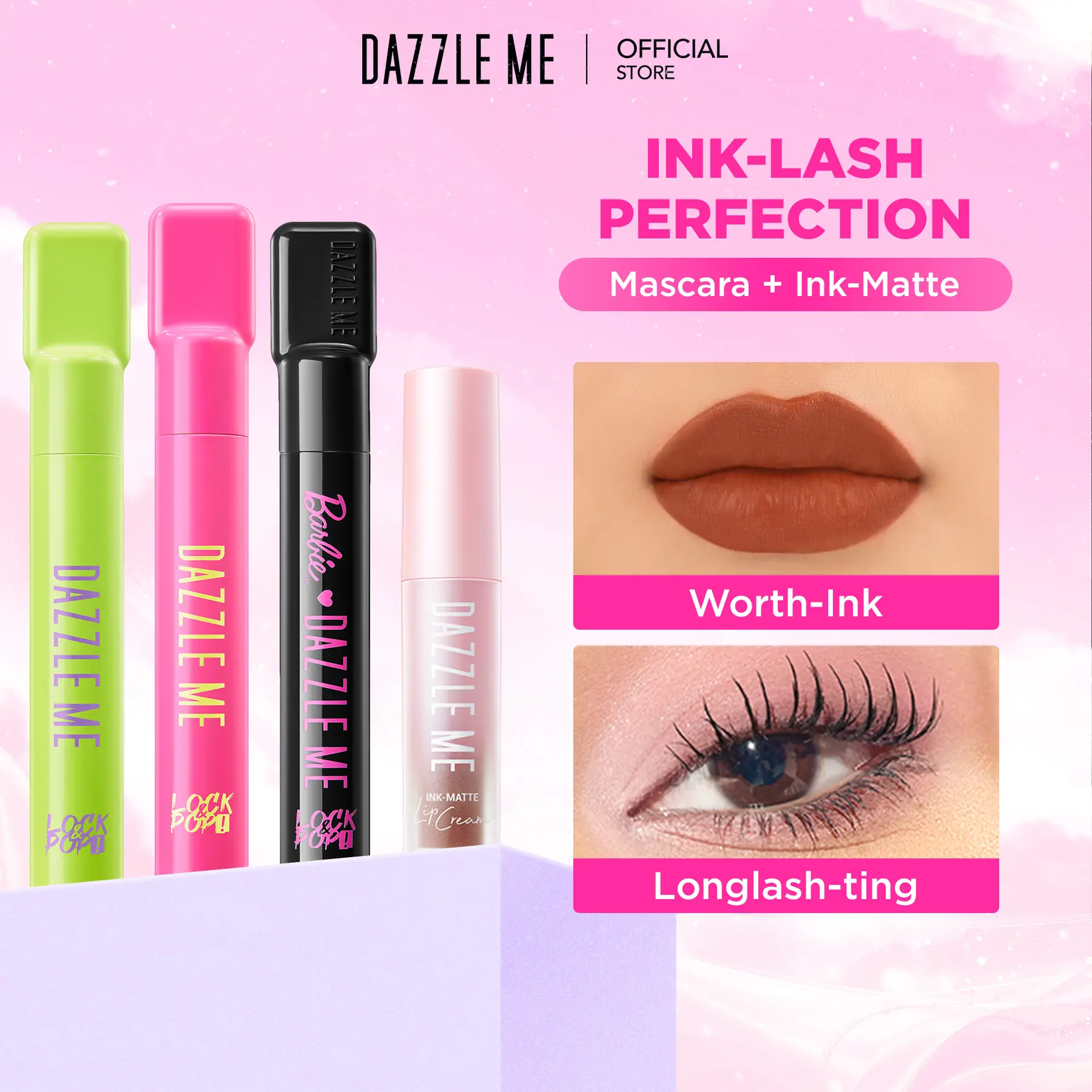 [PAKET LIP & EYE MAKEUP 2PCS] DAZZLE ME Ink & Lash Perfection Bundle Lock and Pop! Mascara Ink-Matte Ink-Gloss Lip Cream Tahan Lama & Tahan Air Waterproof Smudgeproof Transferproof