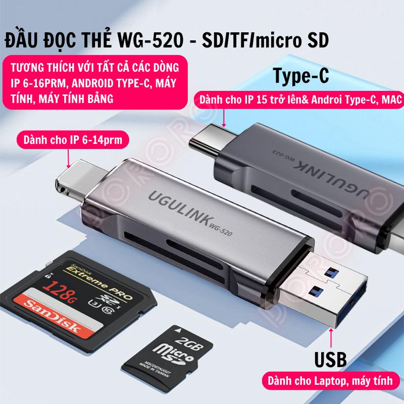 Đầu đọc thẻ nhớ SD/ TF/ Micro SD bằng Nhôm UGULINK WG-520 Cao Cấp, cho IPhone / Android / Laptop, máy tính để bàn