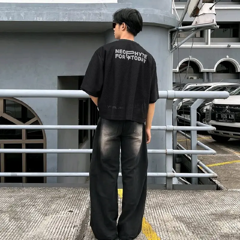 Celana Jeans Wishker Kulot Baggy Gombrong Pants Outfit Skena Gombrong Loose-fitting Y2K Shabby Chic Biru Hitam - Panjang, Wanita - Kaki Stretch Melar Denim 3