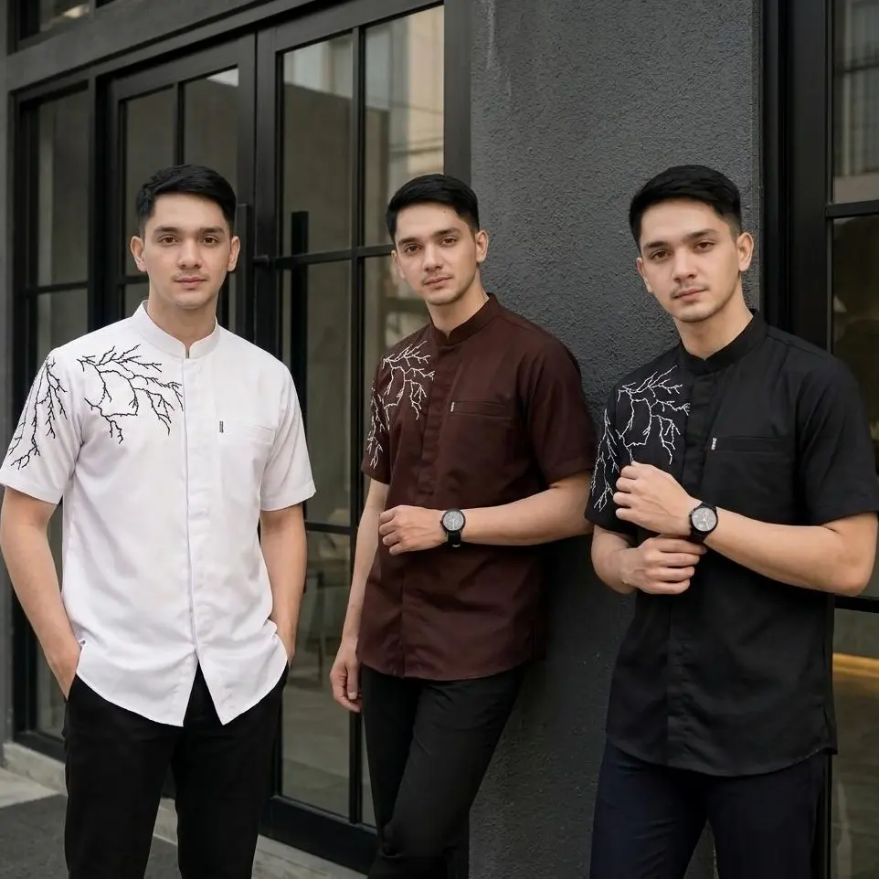Baju Koko Bordir Muslim Pria Dewasa Motif Akar Modern Lengan Pendek Casual Premium