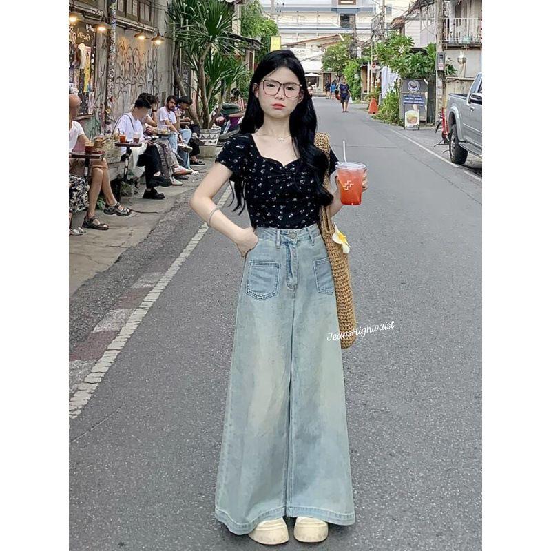 JEANSHIGHWAIST- Celana kulot jeans highwaist retro wanita dua waist kantong depan jins Panjang Cewek dua Denim A-line pants skena premium import baggy outfits fading gombrong straight remaja xl biru vintage lulu chic wide leg ootd cute Casual yoyo Loose