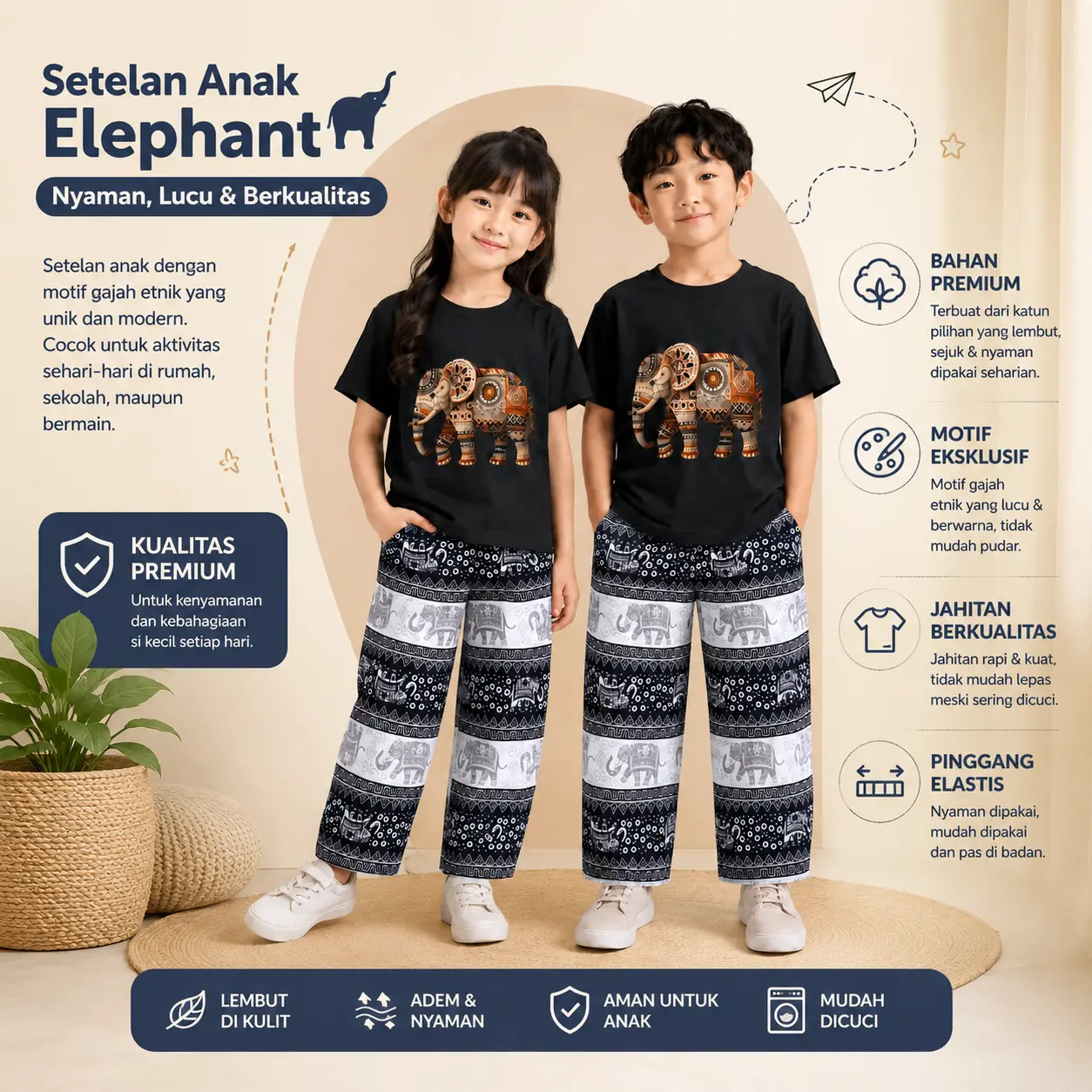 Setelan Baju Anak Terbaru Motif Gajah Thailand Baju Anak Perempuan dan Laki-laki Unisex Celana bahan polymicro mihu mihu 3-12 Tahun fashion viral