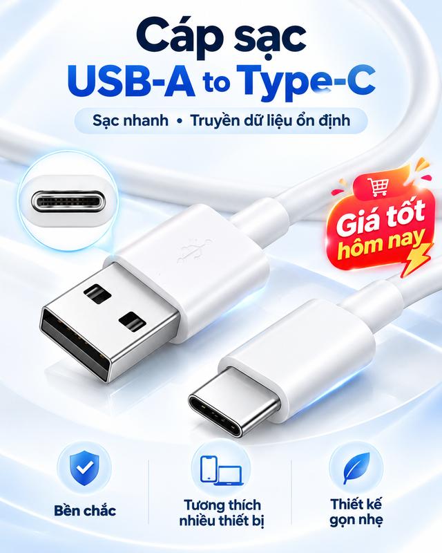 Cáp Sạc USB Type C Đầu USB-A Sang Type-C Cho Điện Thoại , Dây Sạc Truyền Dữ Liệu, Thiết Kế Nhỏ Gọn, Tiện Lợi