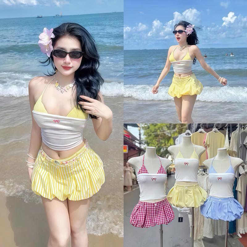 BIGSIZE HIẾU HIẾU (55-95KG) - Set bộ bikini 3 món caro đi biển mùa hè xinh hot S603