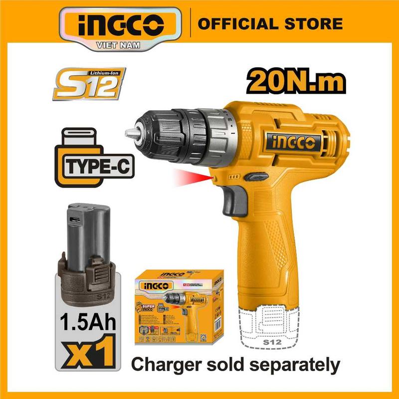 Máy khoan pin dùng pin 12V chuẩn sạc Type C chưa bao gồm dây sạc và củ sạc INGCO CDLI12428 đầu kẹp me khoan 0.8-10mm