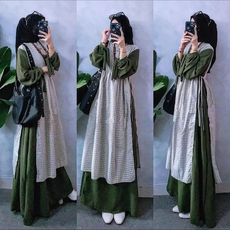 baju Gamis wanita Remaja Korean Style Muslim LD 110 Maxy Aizura Dress Bahan Catton Mix Crinkle Airflow Gamis wanita New Motif Outer Kotak Menyatu Bahan Adem Ukuran Jumbo L XL XXL Fashion Kondangan Simpel 2024 3