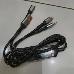 Kabel Data 3 IN 1 100W Fast Charging Cable Lightning Type C USB Micro For iPhone 15 Samsung Xiaomi OPPO VIVO Pilot Lamp Digital Screen Charger Aluminium