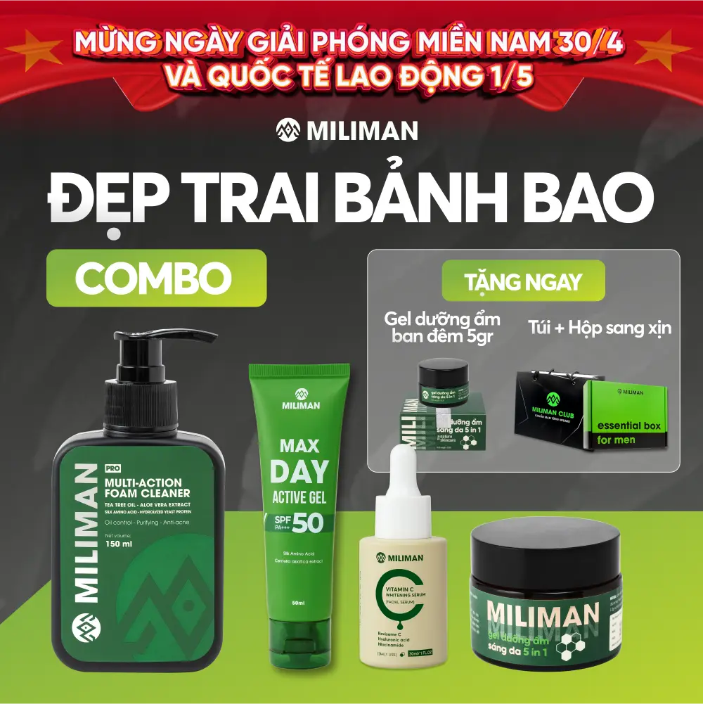 Combo Đẹp Trai Bảnh Bao MILIMAN Gồm Sữa Rửa Mặt Amino Acid Vector 150ml, Serum Vitamin C 30ml, Gel Dưỡng Da Chống Nắng 4 in 1 50ml, Gel Dưỡng Ban Đêm 5 in 1 50Gr | Tặng Gel Dưỡng Ẩm Ban Đêm 5gr Skincare