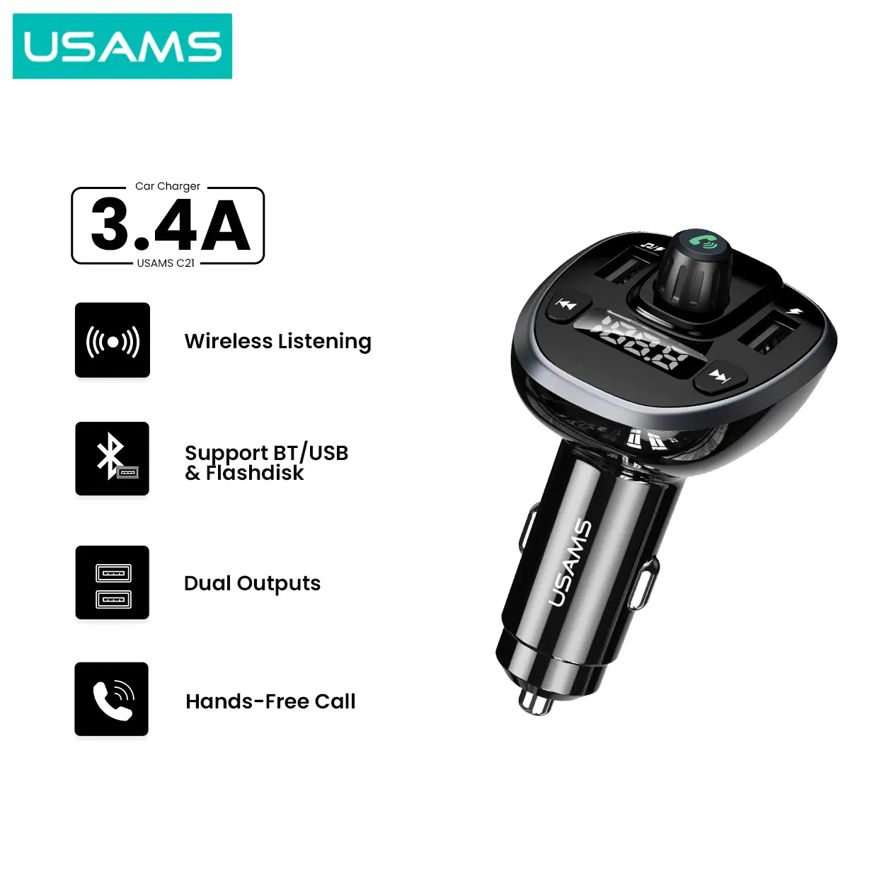USAMS C21 Charger Mobil FM Transmitter Bluetooth Digital Display Wireless Dual USB 3.4A Fast Charge