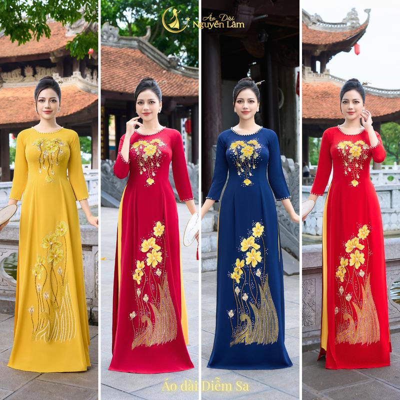DIỄM SA - Áo Dài Lụa Mỹ 6 Màu Kết Hoa Thêu Nổi 3D Đính Đá Vẽ Nhũ Thủ Công Cao Cấp - Áo Dài Nguyễn Lâm S-4XL - Tre Thun Dress Nữ Womenn Sang trọng