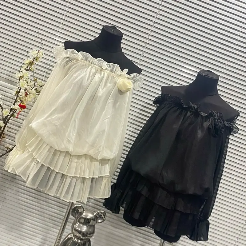 Váy voan tơ trễ vai tay phồng đính bông ( kèm quần bảo hộ ) đỏ/đen/kem - freesize < 55kg Women Nữ Dress 3