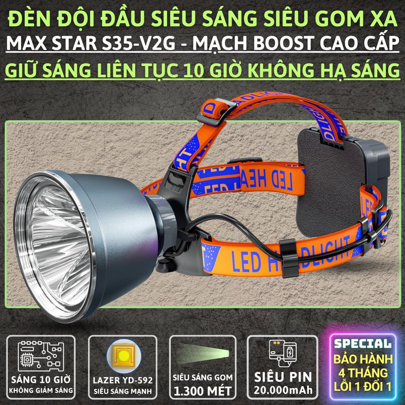 Đèn đội đầu siêu sáng mạnh GOM XA 10 giờ không hạ sáng MAX STAR S35V2G chóa 9.7cm pin 20000mAh sạc dự phòng chống nước cường độ cao