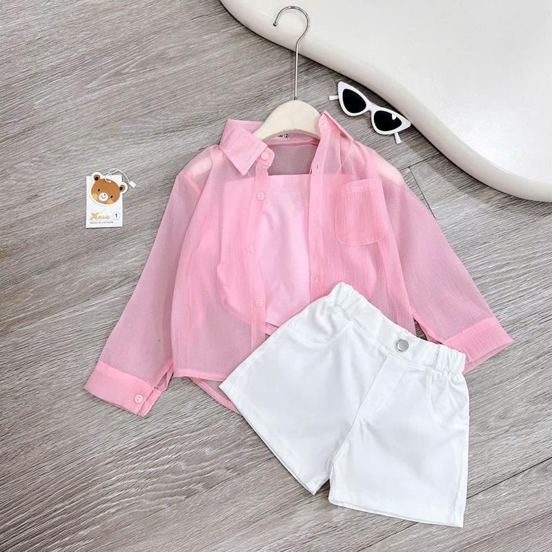 BN192 - Set 3 chi tiết bộ quần áo hai dây bún mix áo sơmi voan dài tay kèm quần short kaki cho bé gái diện mùa hè, đi biển (10-30kg) 0