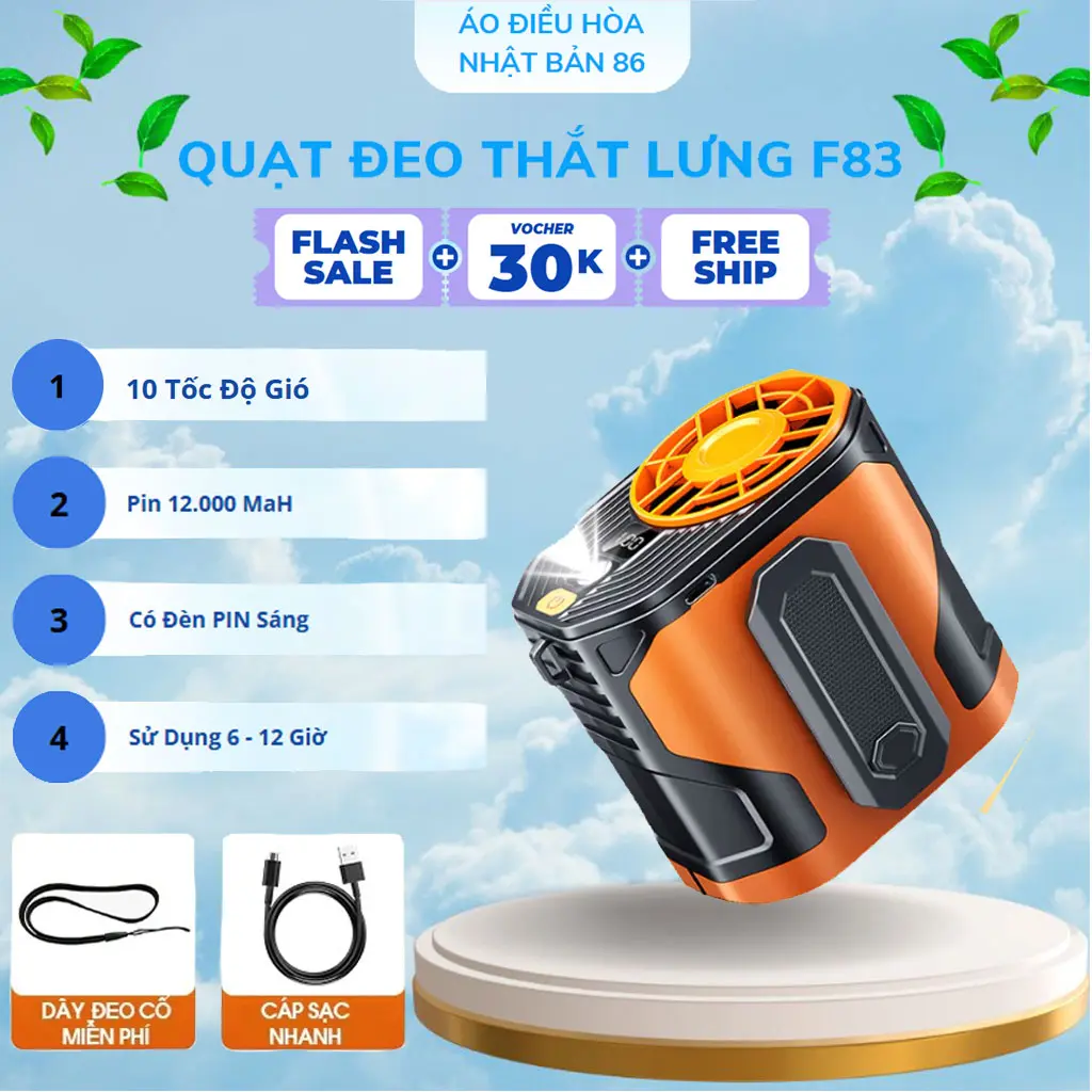 Quạt Mini Đeo Thắt Lưng F83 Giúp Làm Mát Hạ Nhiệt Cơ Thể , Quạt Kẹp Hông Dụng Lượng PIN 12.000 MAH