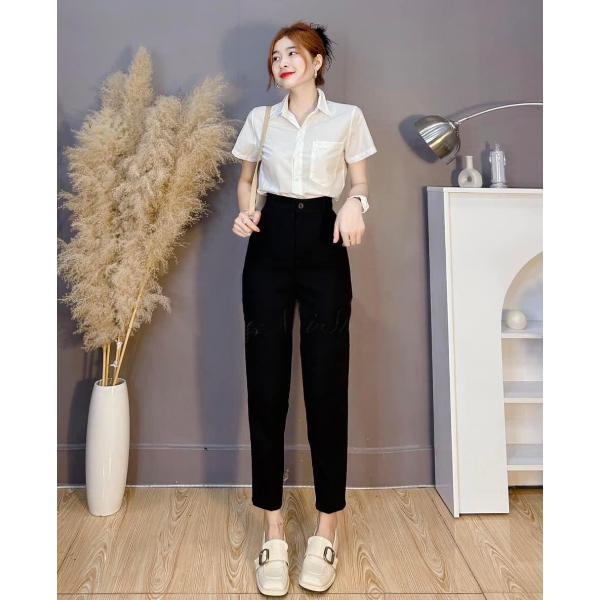 Quần tây lưng cao đi học làm nữ m50 m55 m60 m65 che đùi to màu Đen Xanh Đen dáng quần baggy học sinh đi học cấp 2 3 cạp đáy cao vải dày co giãn vừa thoải mái