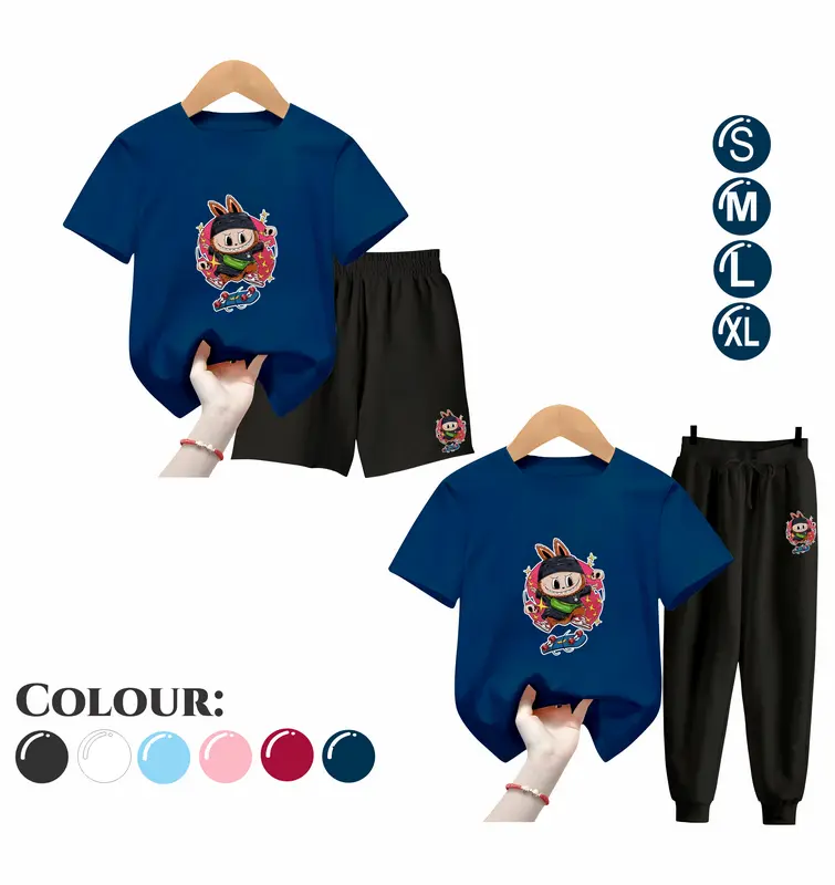 Baju Setelan Anak UNISEX - Pakaian Kaos dan Celana Fashion Anak Laki Laki dan Perempuan Usia 5-15 Tahun - Motif SKATEBOARD LABUBU Maroon 6