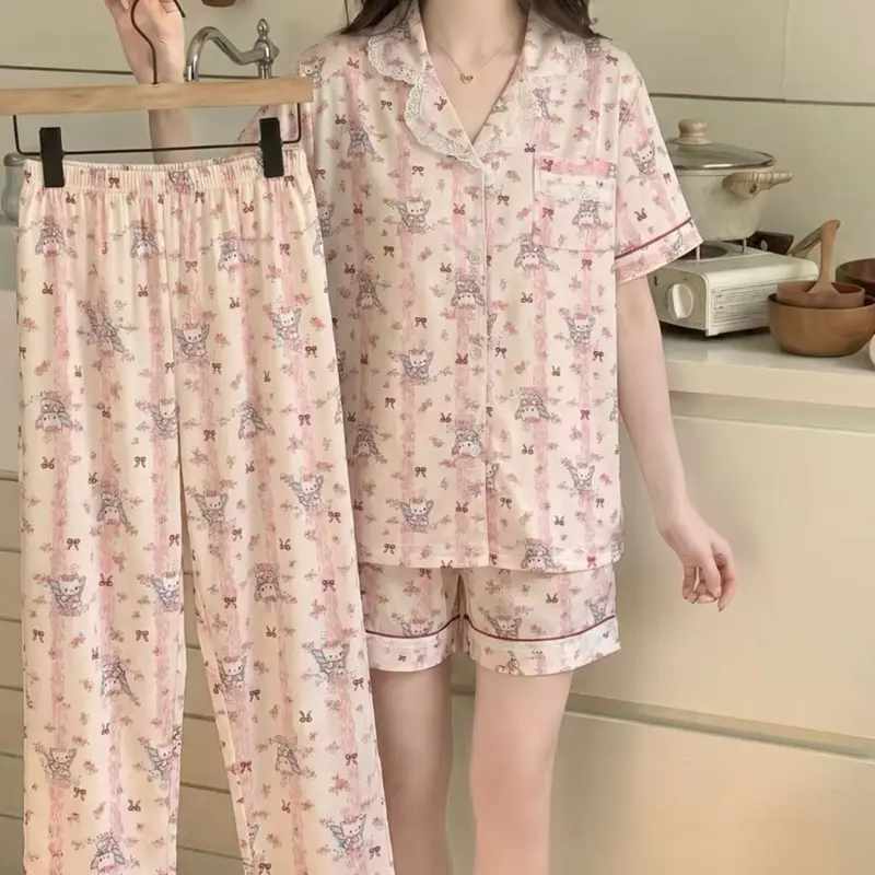 3 in 1 Piyama Set stelan Wanita 3:1 / 1 Baju Tidur Wanita + 1 Celana Pendek + 1 Celana Panjang Bahan Katun