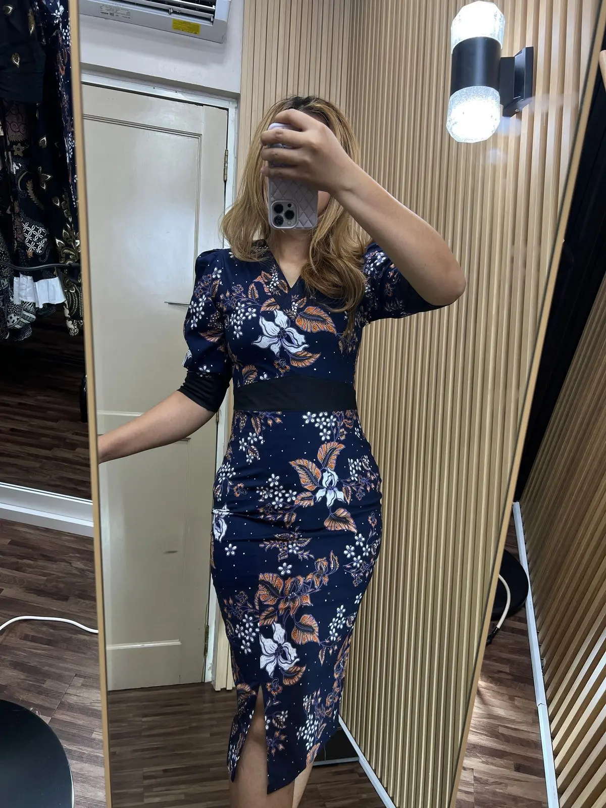 ALTHREE Clothing -  TIAR Dress Batik Katun Stretch Wanita Formal Pendek - NAVY MOON