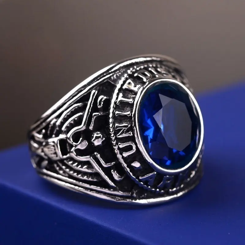Nhẫn hợp kim châu Âu và Mỹ, người lính Mỹ, Vintage, đại bàng, dát đỏ và Xanh Biển 1