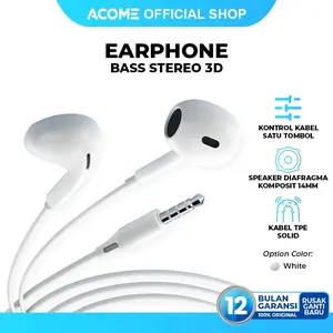 [BISA COD] ACOME Wired Earphone Headset Stereo 3D Bass Jack 3.5mm Semi In-Ear AW10 White - Garansi Resmi 12 Bulan