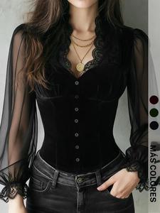Blusa corsé de encaje para mujer, 1 pieza, con botonadura frontal funcional, mangas largas transparentes abullonadas y silueta ajustada tipo corsé, diseño de textura contrastante, estilo gótico, ideal para el Día de San Valentín