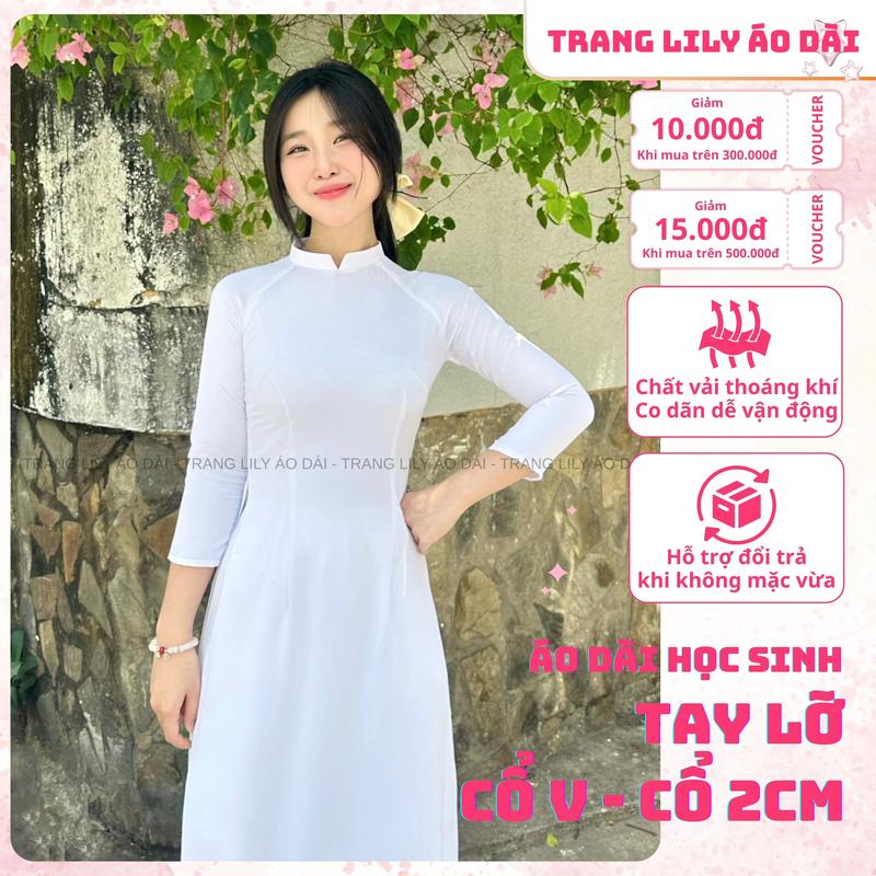 [Sẵn Hàng] Áo dài trắng đồng phục học sinh, dáng tay lỡ, cổ áo chữ V, lụa Mỹ có dãn nhẹ, chụp kỉ yếu - Trang Lily Áo Dài Nữ - Women - Dress - Màu Trắng