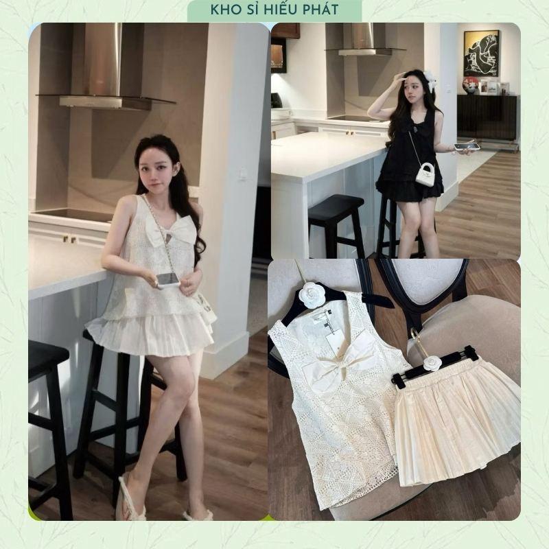 (Có Quần Bảo Hộ)  Set Ren Kem Hoa Sát Nách Nơ To Phối Chân Váy Xoè Xếp Ly Tiểu Thư xinH xắn 2 màu by Hp