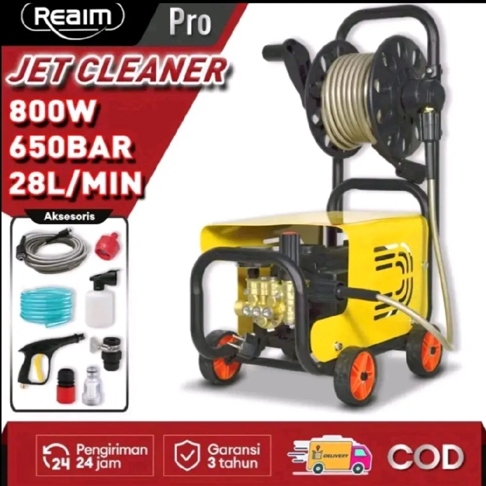 Reaim Pro Jet Cleaner 800W 650BAR 28L/Min dengan Aksesori Lengkap Garansi 3 Tahun Pengiriman 24 Jam COD