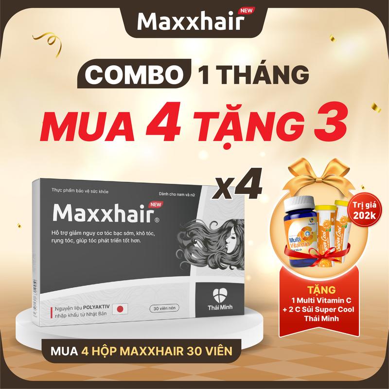 [COMBO 1 THÁNG VIÊN UỐNG] - MUA 4 TẶNG 3 - Mua 4 hộp viên uống MAXXHAIR - TẶNG 3 Tuýp C sủi thanh nhiệt - Sản phẩm dành cho người bị rụng tóc nhiều và hỗ trợ giúp tóc chắc khoẻ - Hộp 30 viên