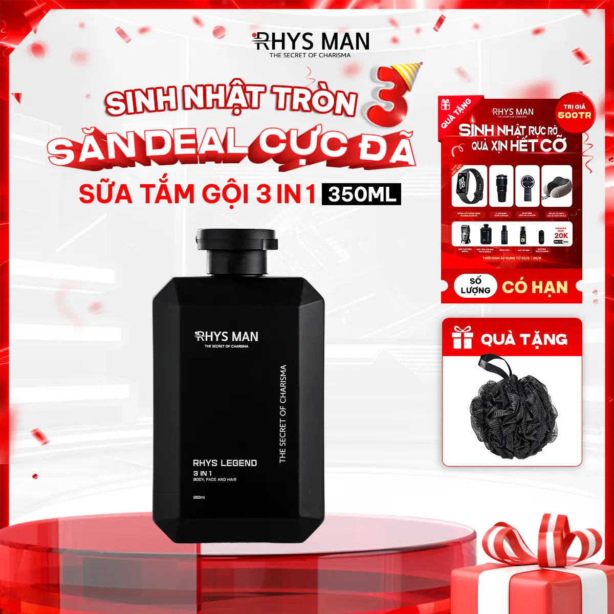 Sữa Tắm Gội Nam Rhys Man Hương Nước Hoa 3In1 Rhys Legend & Rhys Noble 350Ml | Mua 1 Tặng Bông Tắm Than Tre