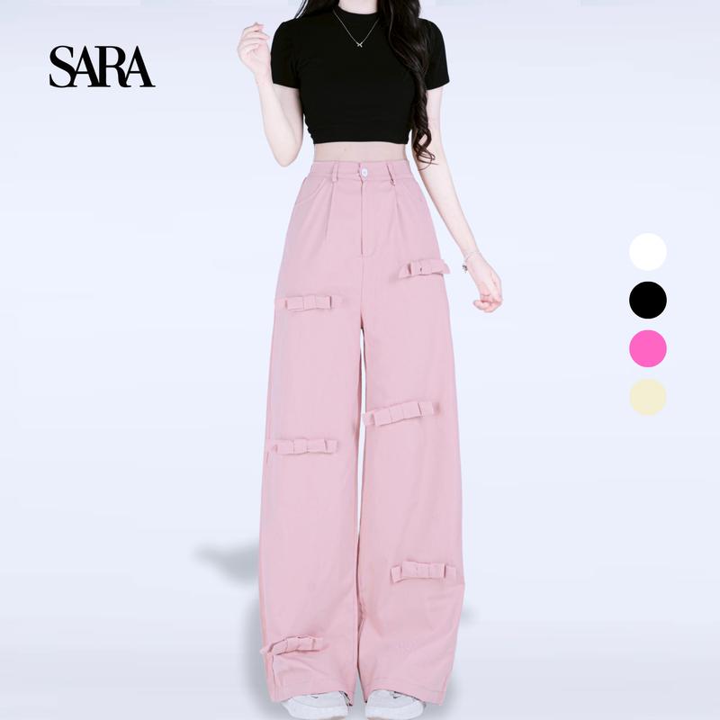 [SARA] Quần Kaki Đính Nơ Ống Suông Rộng Cạp Cao Hack Dáng Nữ Ong Women Pants Summer 2025 - mã: TD071
