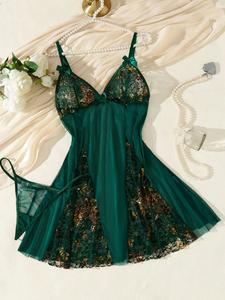 Conjunto Lencería Verde Bosque Mujer Encaje Floral Perlas Sensual Bralette y Bragas