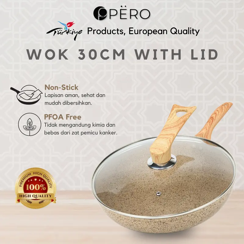 Pero Wok Pan 30cm with Glass Lid Wooden Handle Biogranite Non Stick / Wajan Penggorengan Ukuran 30cm dengan Tutup Kaca Handle Kayu Anti Lengket 0