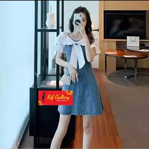 Rif Gallery Dress pita cantik dress korean style dress gemess dress denim mix katun dress jeans dress jumbo muat bb 85kg++ Gaun Baju Pesta